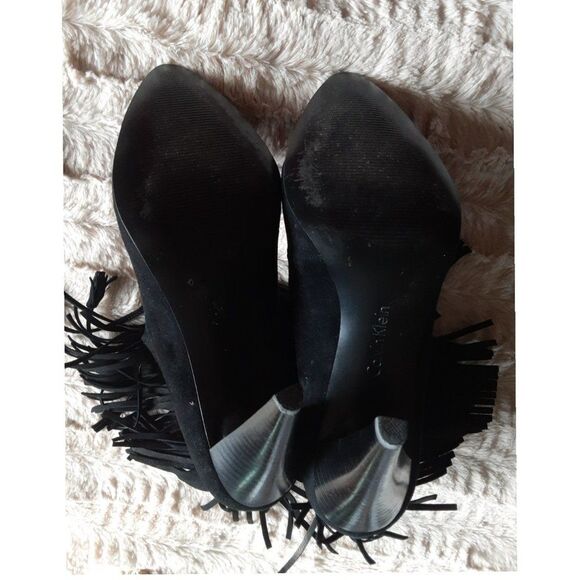 Calvin Klein Size 9M Black Suede Stiletto Lace Up Fringe Heels Statement Style - Picture 8 of 8
